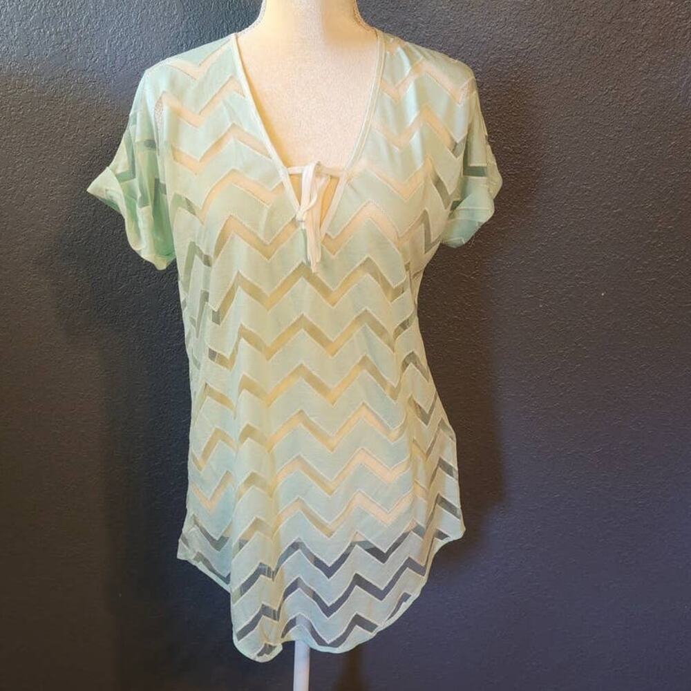 Francesca's women's sheer teal zig zag short sleeve blouse cover up size s/m